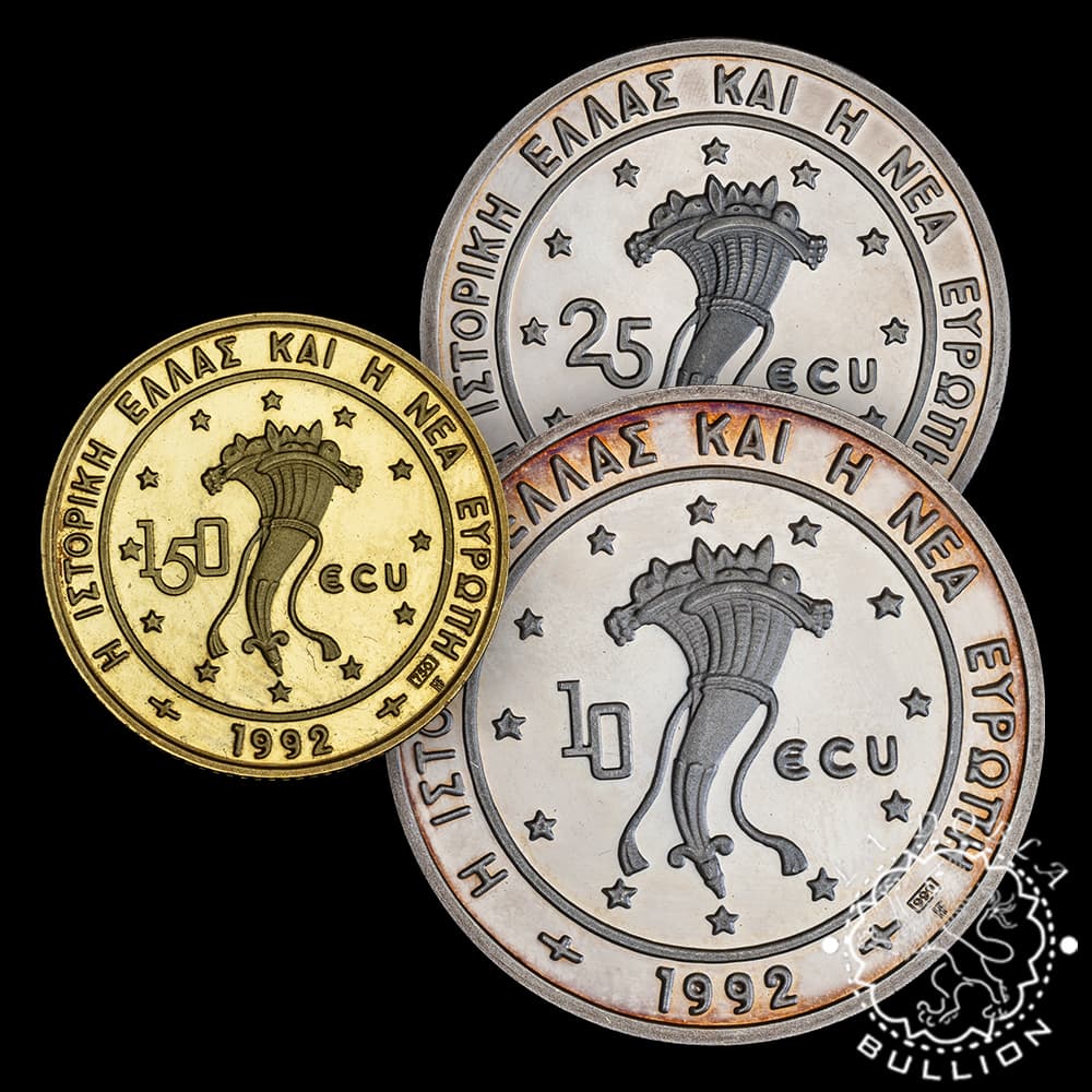 Estuche 3 Piezas - Moneda de Oro 150 ECU + 2 Monedas de Plata - Grecia - 1992 - Recomprada